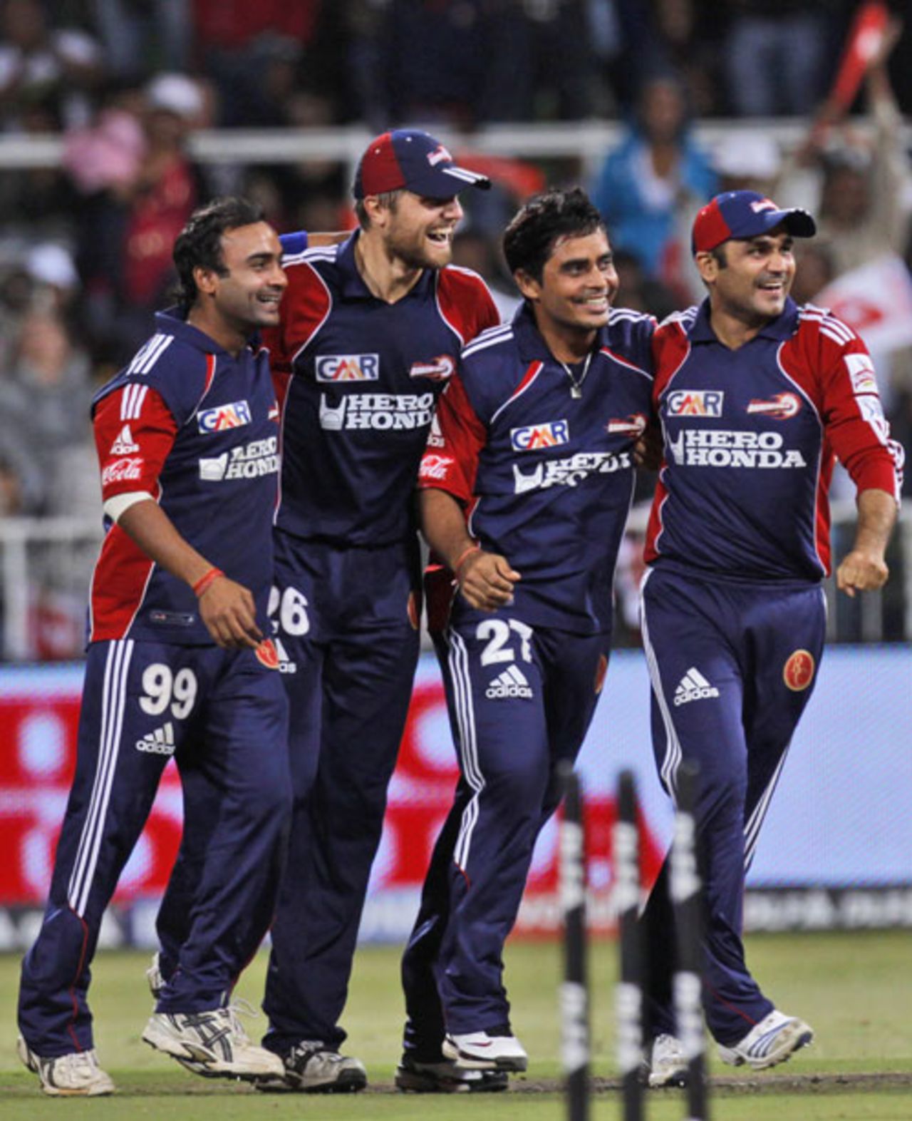 Amit Mishra, Dirk Nannes, Rajat Bhatia and Virender Sehwag are all smiles after pulling off a tight win, Deccan Chargers v Delhi Daredevils, IPL, Durban, May 13, 2009