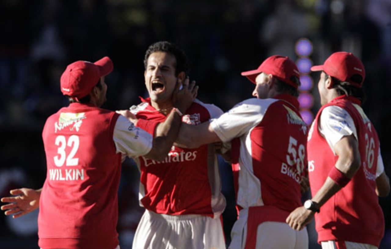 Irfan Pathan's team-mates rush towards him after he sealed the victory, Deccan Chargers v Kings XI Punjab, IPL, 49th match, Johannesburg, May 17, 2009