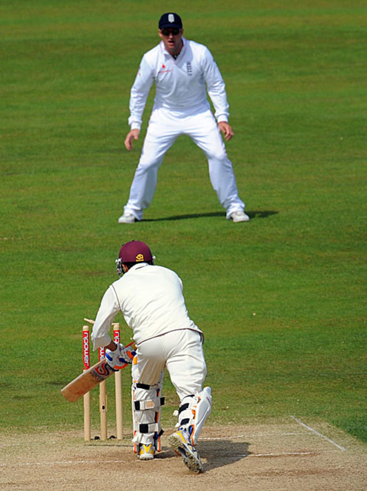 Brendan Nash plays on but fails to drag the ball away in time, England v West Indies, 2nd Test, Chester-le-Street, 4th day, May 17, 2009