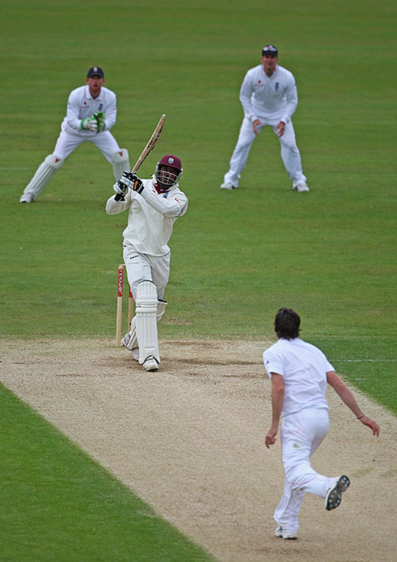 Chris Gayle smacks Graham Onions for six during his half-century, England v West Indies, 2nd Test, Chester-le-Street, 4th day, May 17, 2009