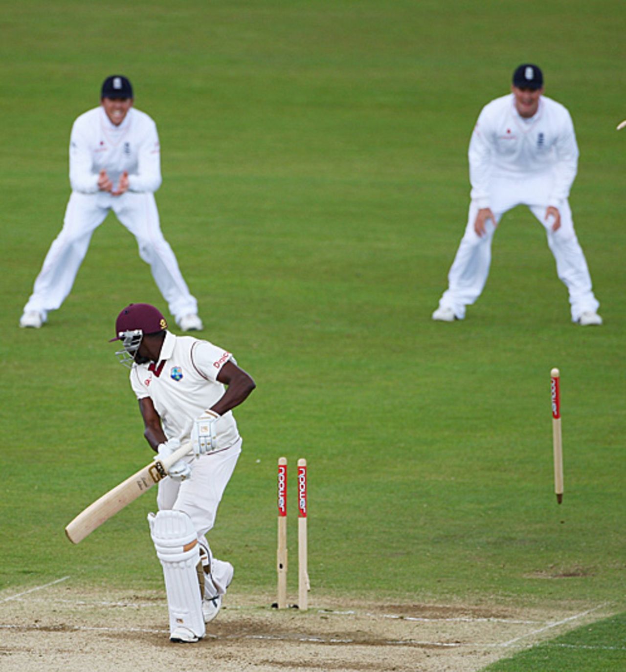 Jerome Taylor's off stump is sent cartwheeling by James Anderson, England v West Indies, 2nd Test, Chester-le-Street, 5th day, May 18, 2009
