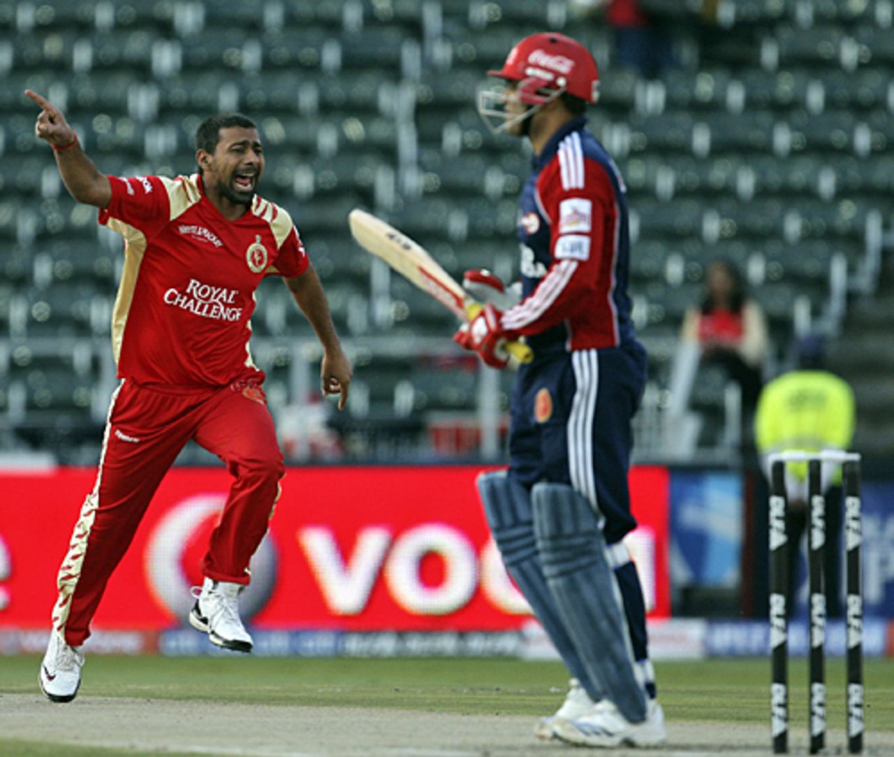 Praveen Kumar shows Virender Sehwag the exit route, Royal Challengers Bangalore v Delhi Daredevils, IPL, 52nd match, Johannesburg, May 19, 2009