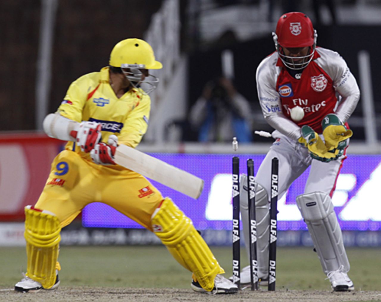 Parthiv Patel is bowled by Ramesh Powar, Chennai Super Kings v Kings XI Punjab, IPL, 54th match, Durban, May 20, 2009
