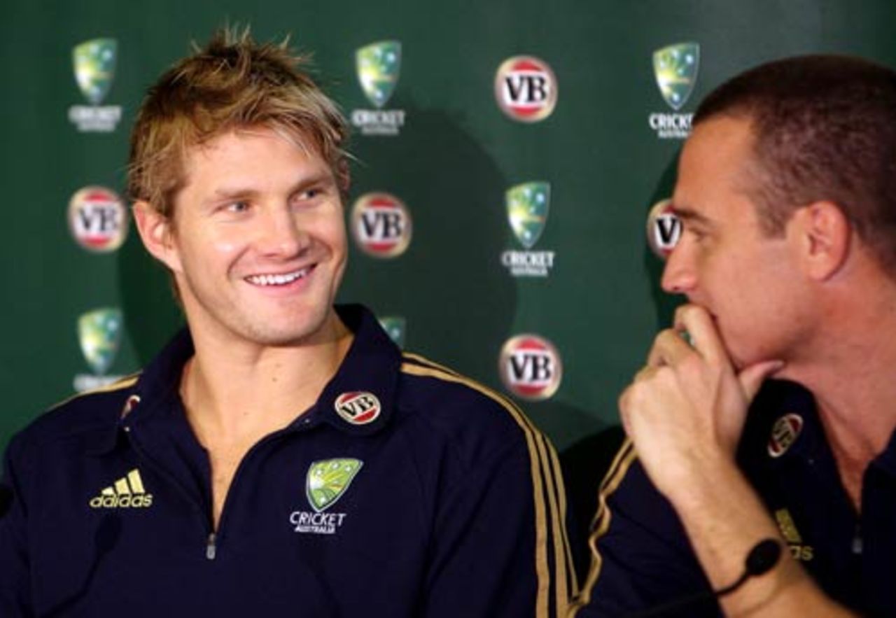 Shane Watson and Stuart Clark at the announcement of the Ashes squad, Sydney, May 20, 2009