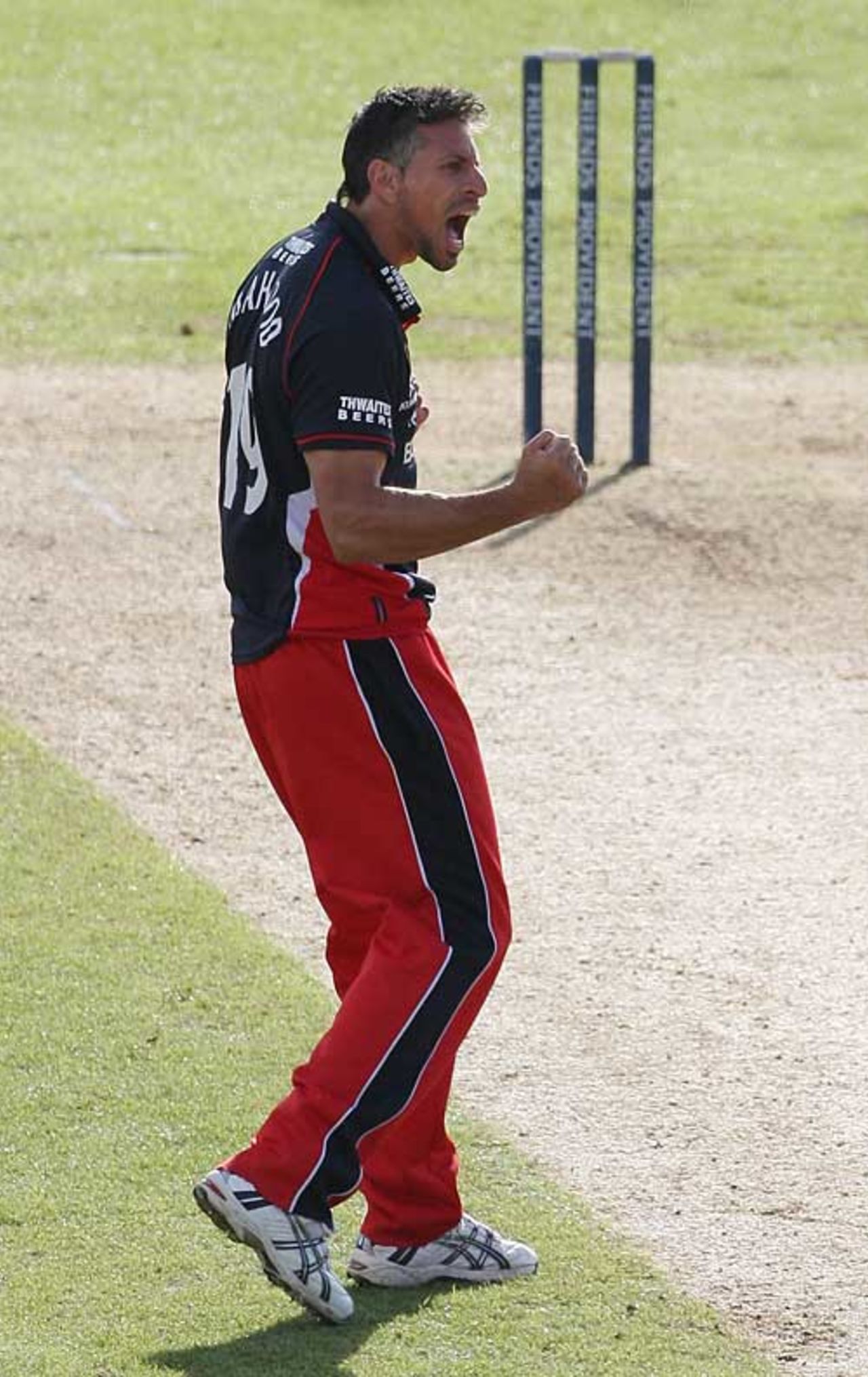 A pumped up Sajid Mahmood celebrates James Foster's wicket, Lancashire v Essex, Friends Provident Trophy quarter-final, Old Trafford, May 23, 2009