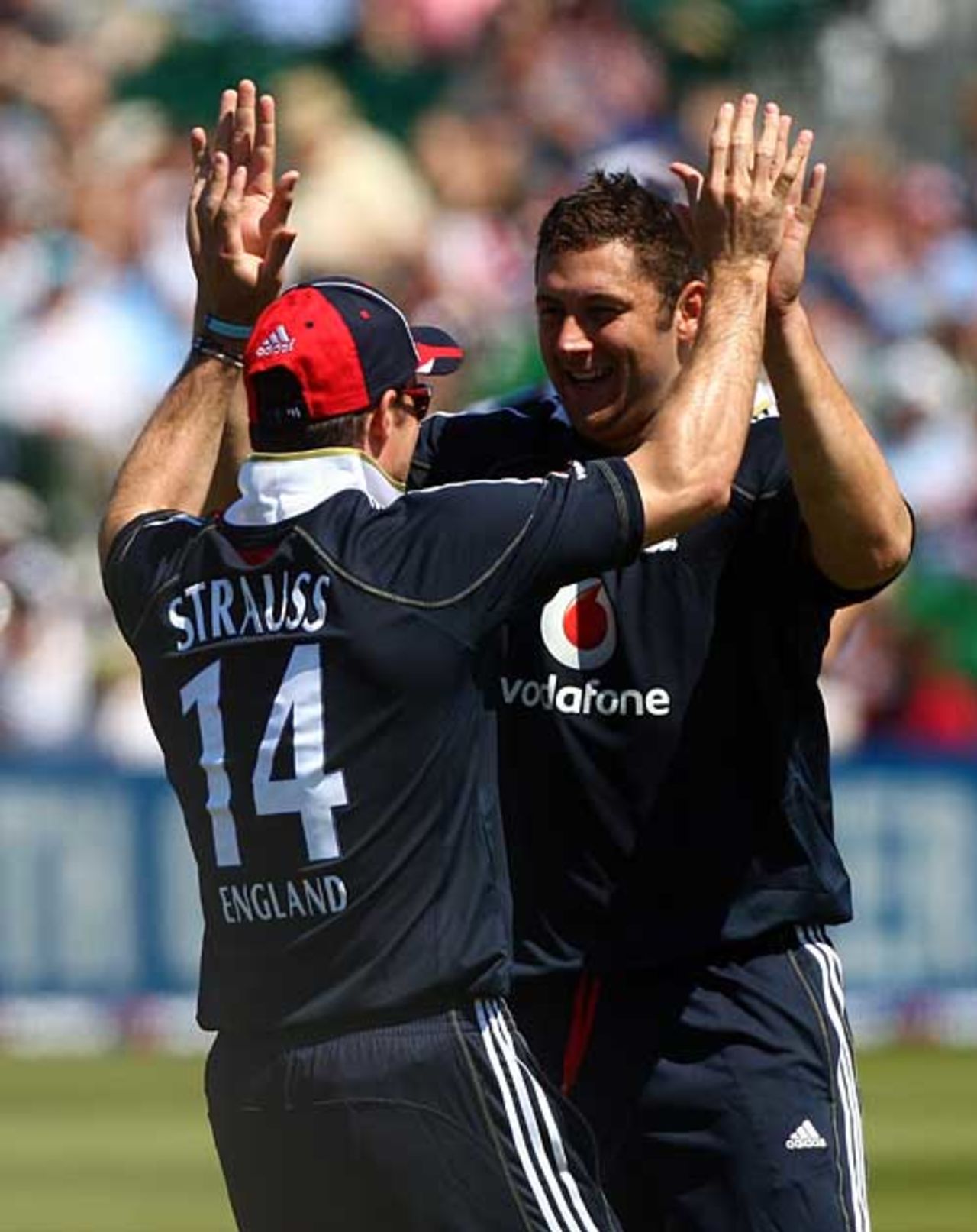 Tim Bresnan and Andrew Strauss celebrate removing Shivnarine Chanderpaul, England v West Indies, 2nd ODI, Bristol, May 24, 2009
