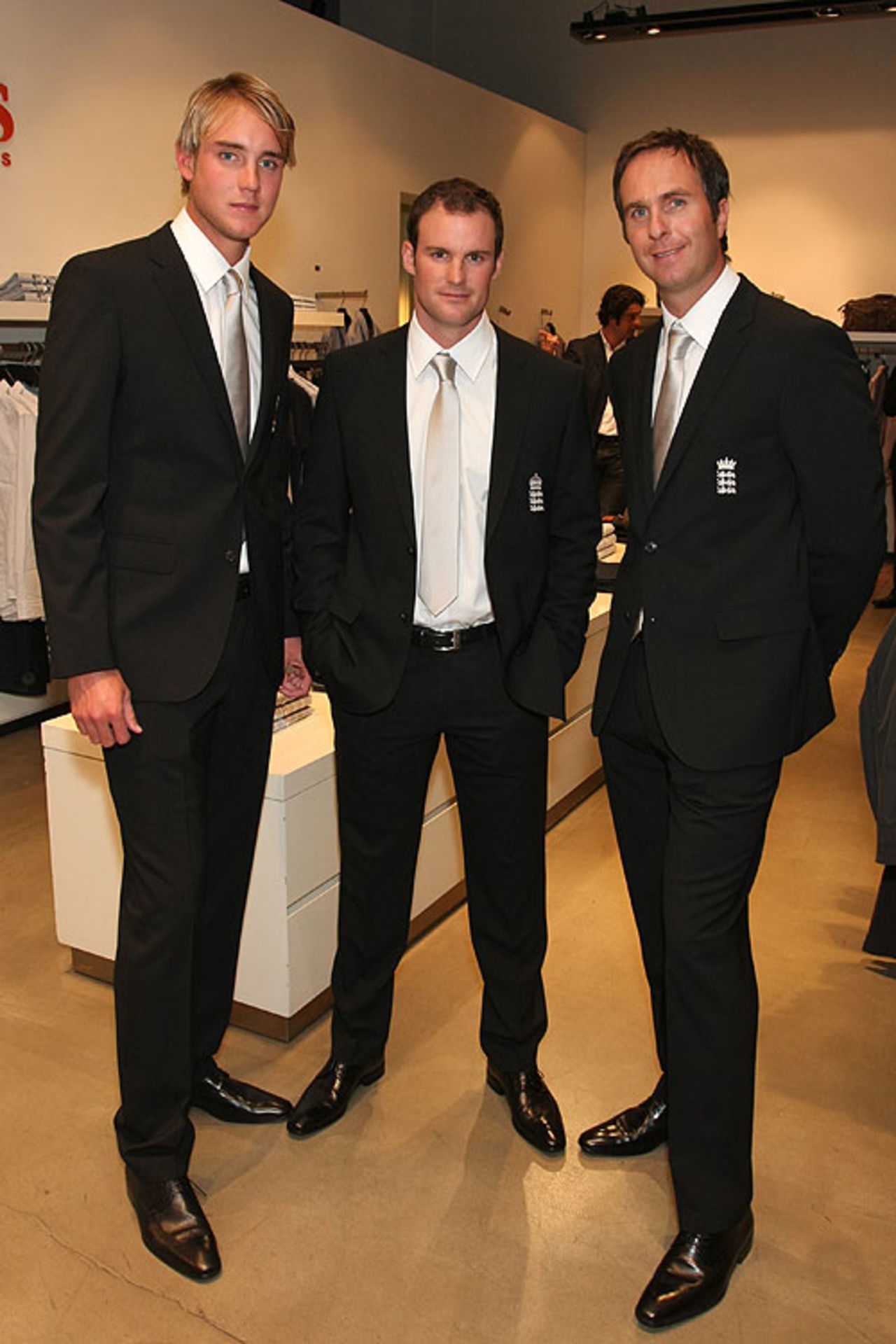 Stuart Broad, Andrew Strauss and Michael Vaughan attend a Hugo Boss pre-Ashes party in London, May 28, 2009