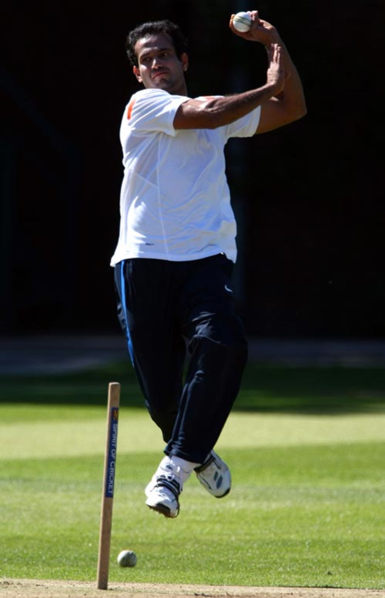 Irfan Pathan is about to send down a delivery during a training session, Lord's, May 30, 2009