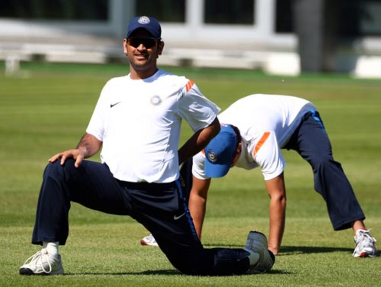 MS Dhoni stretches during a training session at Lord's, May 30, 2009