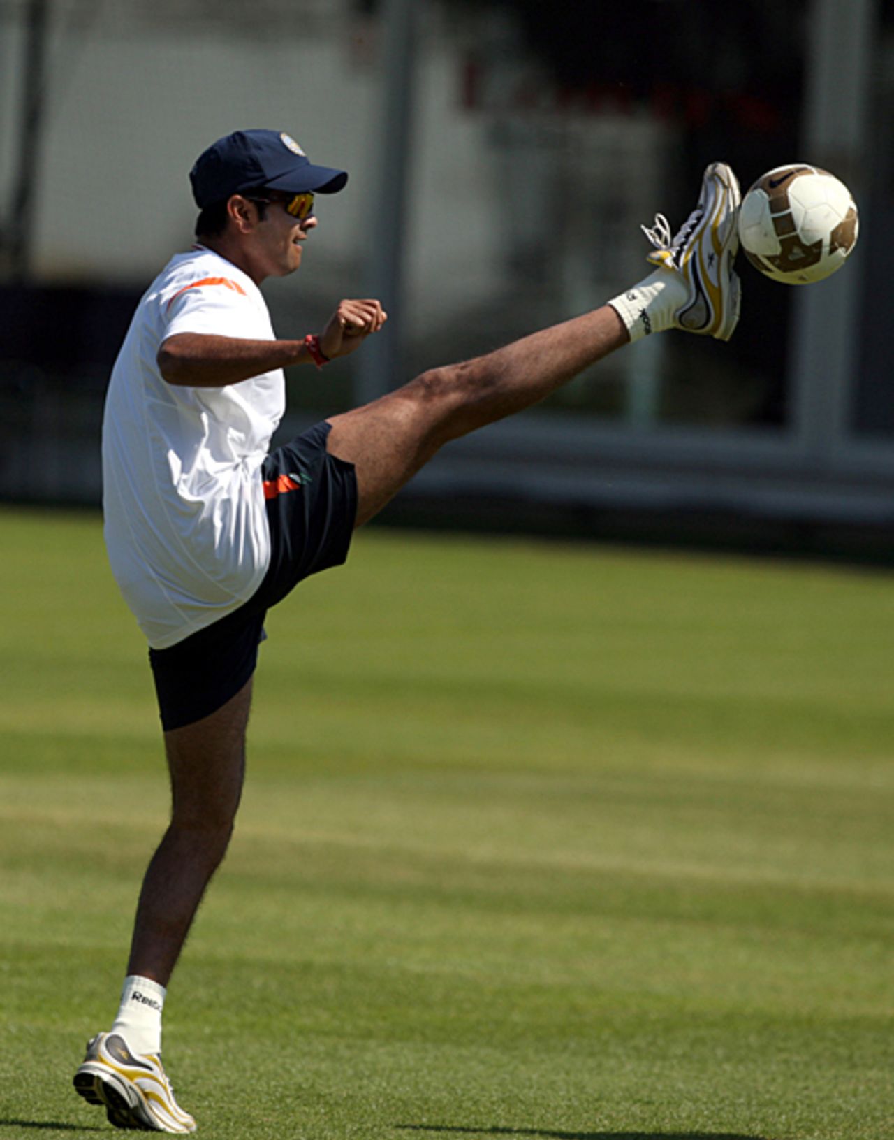 RP Singh at full stretch during a game of football, Lord's, May 31, 2009