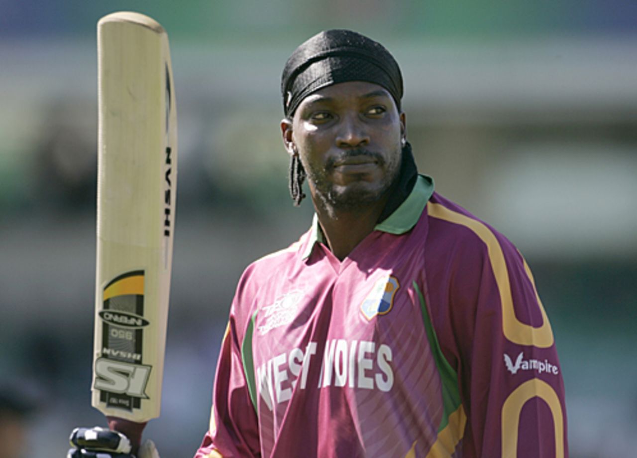 Chris Gayle raises his bat on getting to 50, Ireland v West Indies, ICC World Twenty20 warm-up match, The Oval, June 2, 2009