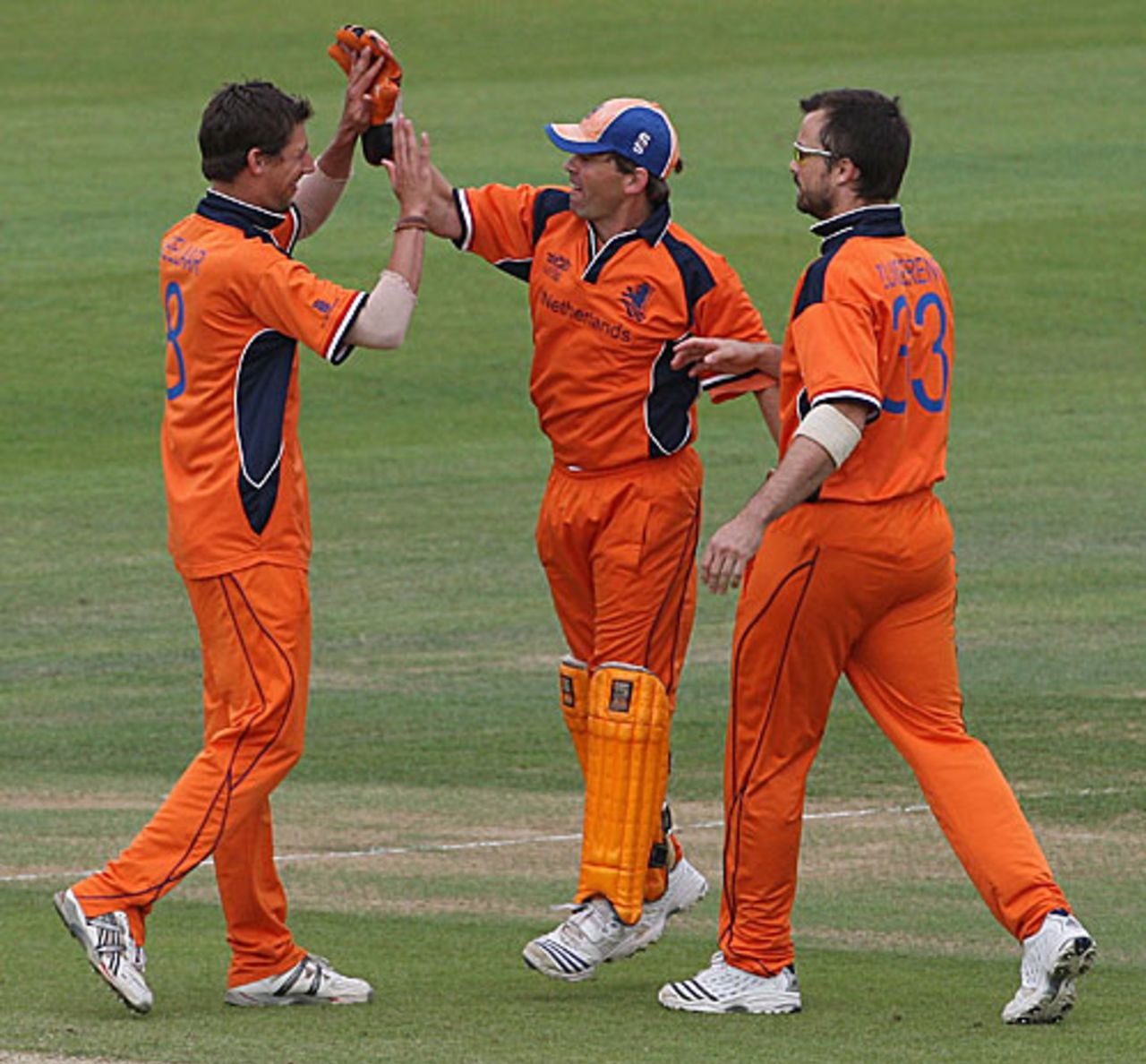 Pieter Seelaar is congratulated by team-mates after picking up a wicket, Netherlands v Scotland, ICC World Twenty20 Warm-up Matches, The Oval, June 3, 2009