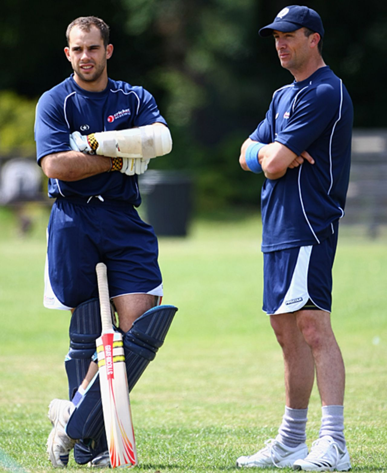 Kyle Coetzer and Gavin Hamilton look on during Scotland's practice session, London, June 4, 2009
