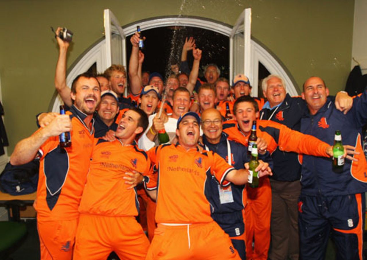 Dutch celebrations continue ... in the England dressing-room after their dramatic last-ball win, England v Netherlands, ICC World Twenty20, Lord's, June 5, 2009