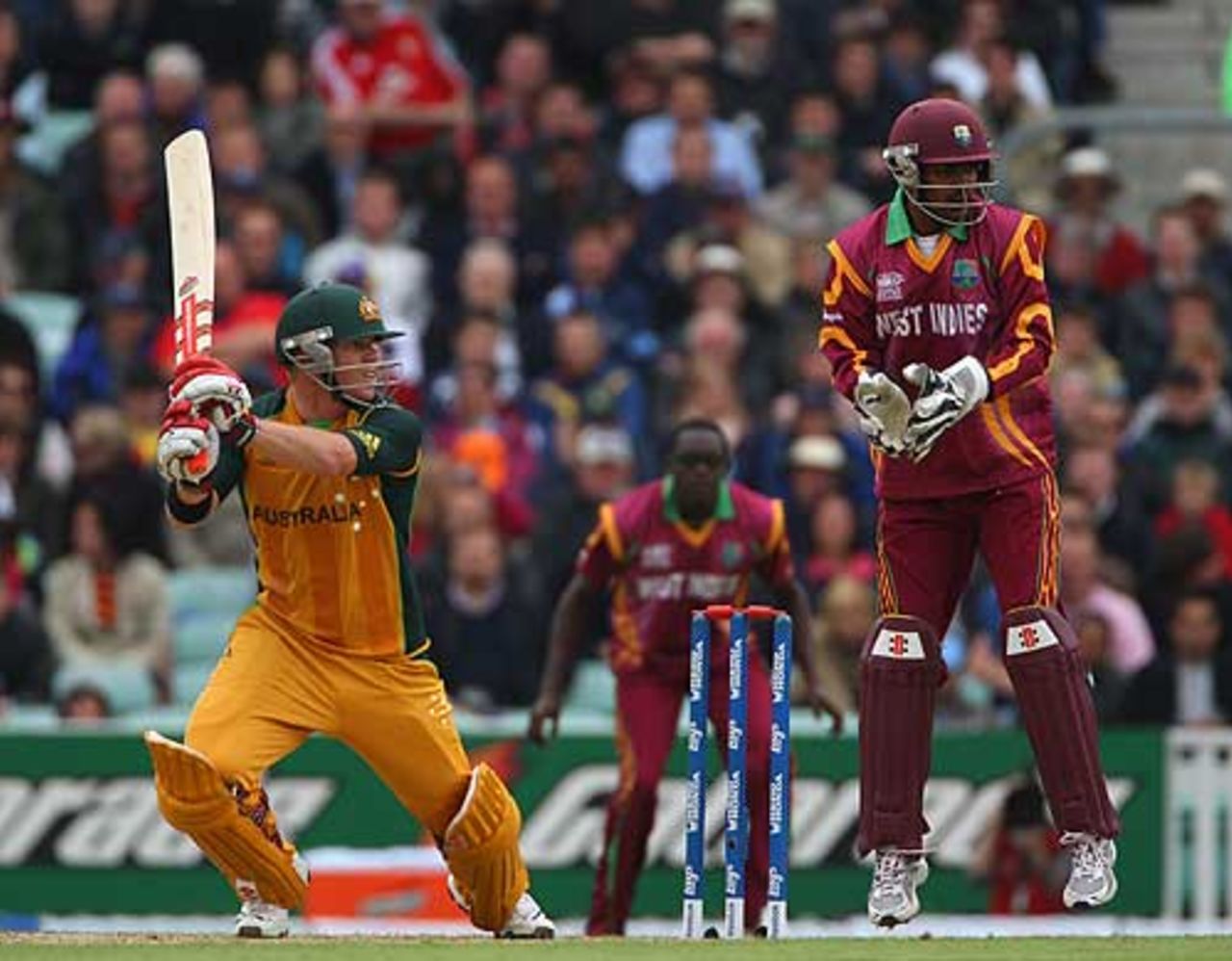 David Warner cuts one square on the off side, Australia v West Indies, ICC World Twenty20, The Oval, June 6, 2009