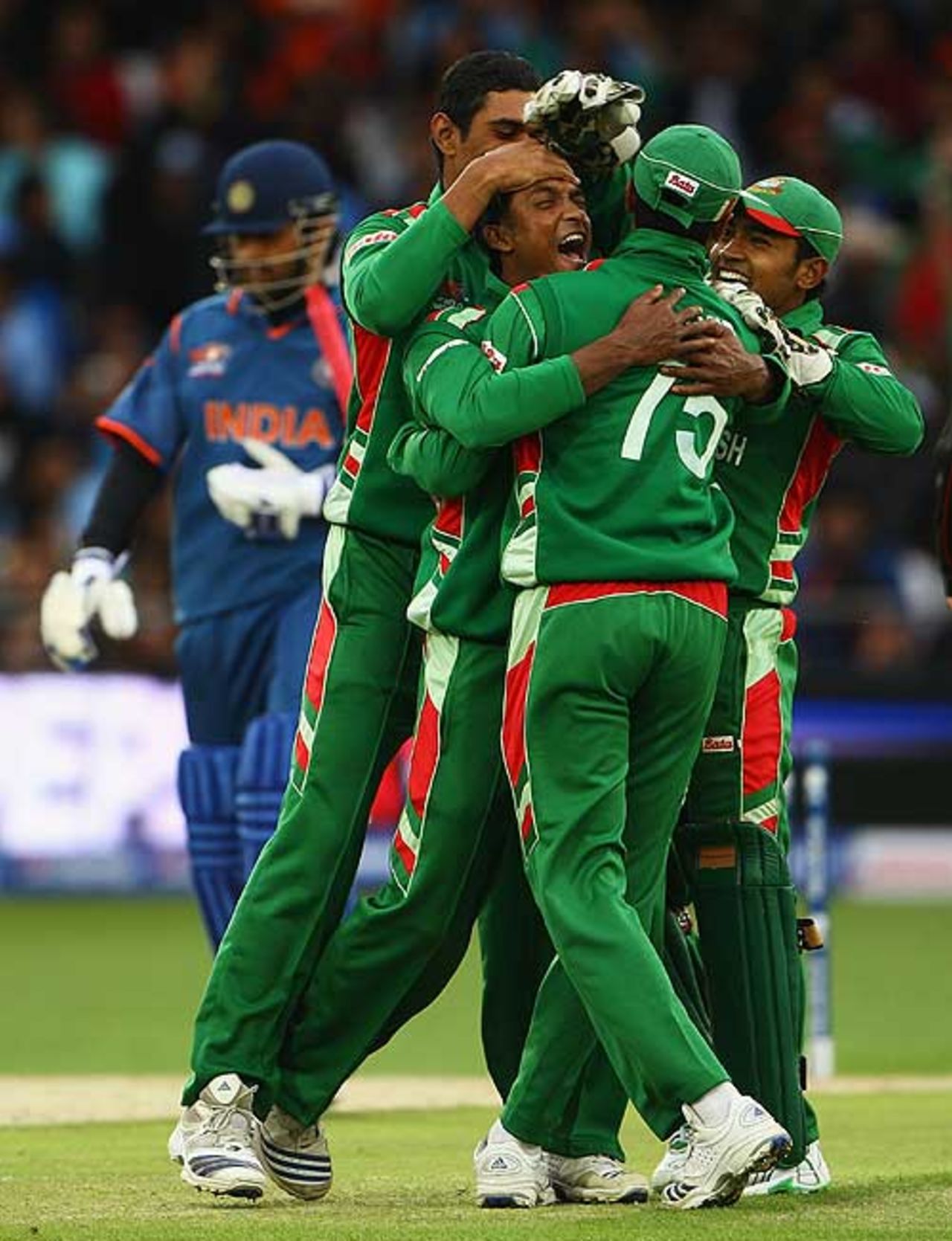 Naeem Islam is mobbed after bowling MS Dhoni, Bangladesh v India, ICC World Twenty20, Trent Bridge, June 6, 2009
