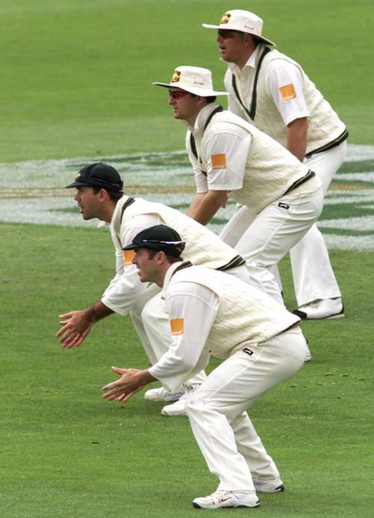 Shane Warne, Mark Waugh, Ricky Ponting and Damien Martyn stand in the slips, second Test, Australia v New Zealand, Hobart, 26 November 2001