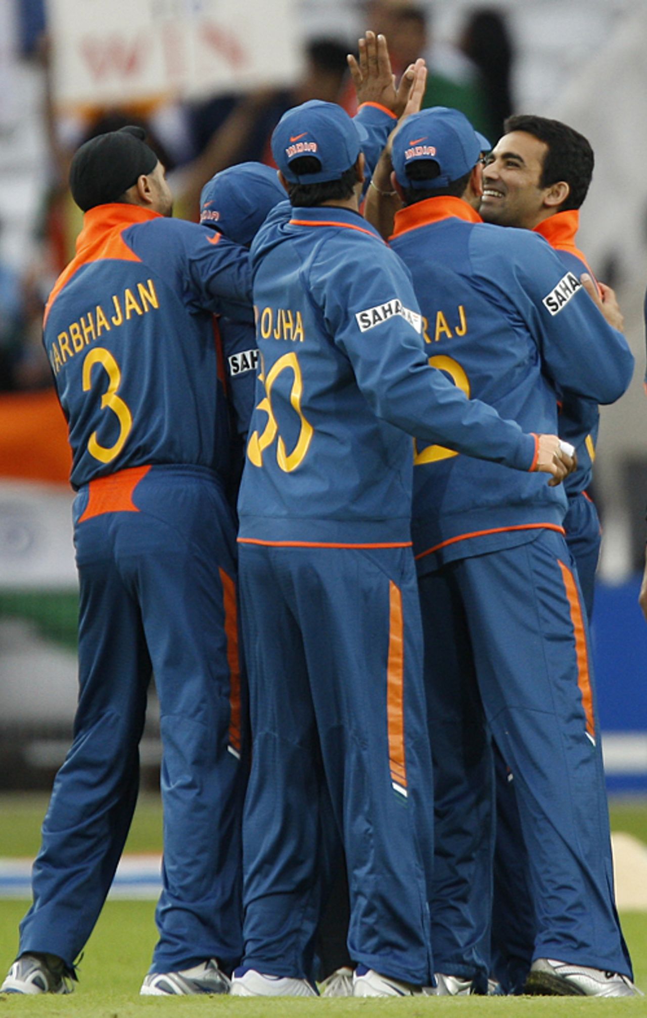 Team-mates mob Zaheer Khan after he removed Andre Botha, India v Ireland, ICC World Twenty20, Trent Bridge, June 10, 2009