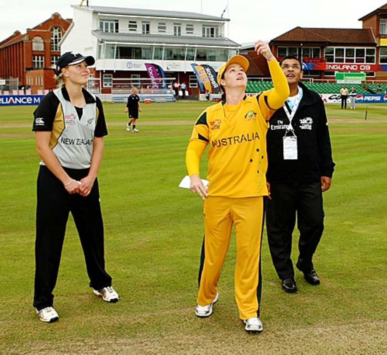 Aimee Watkins looks on as Karen Rolton flips the coin, Australia v New Zealand, ICC Women's World Twenty20, Taunton, June 12, 2009