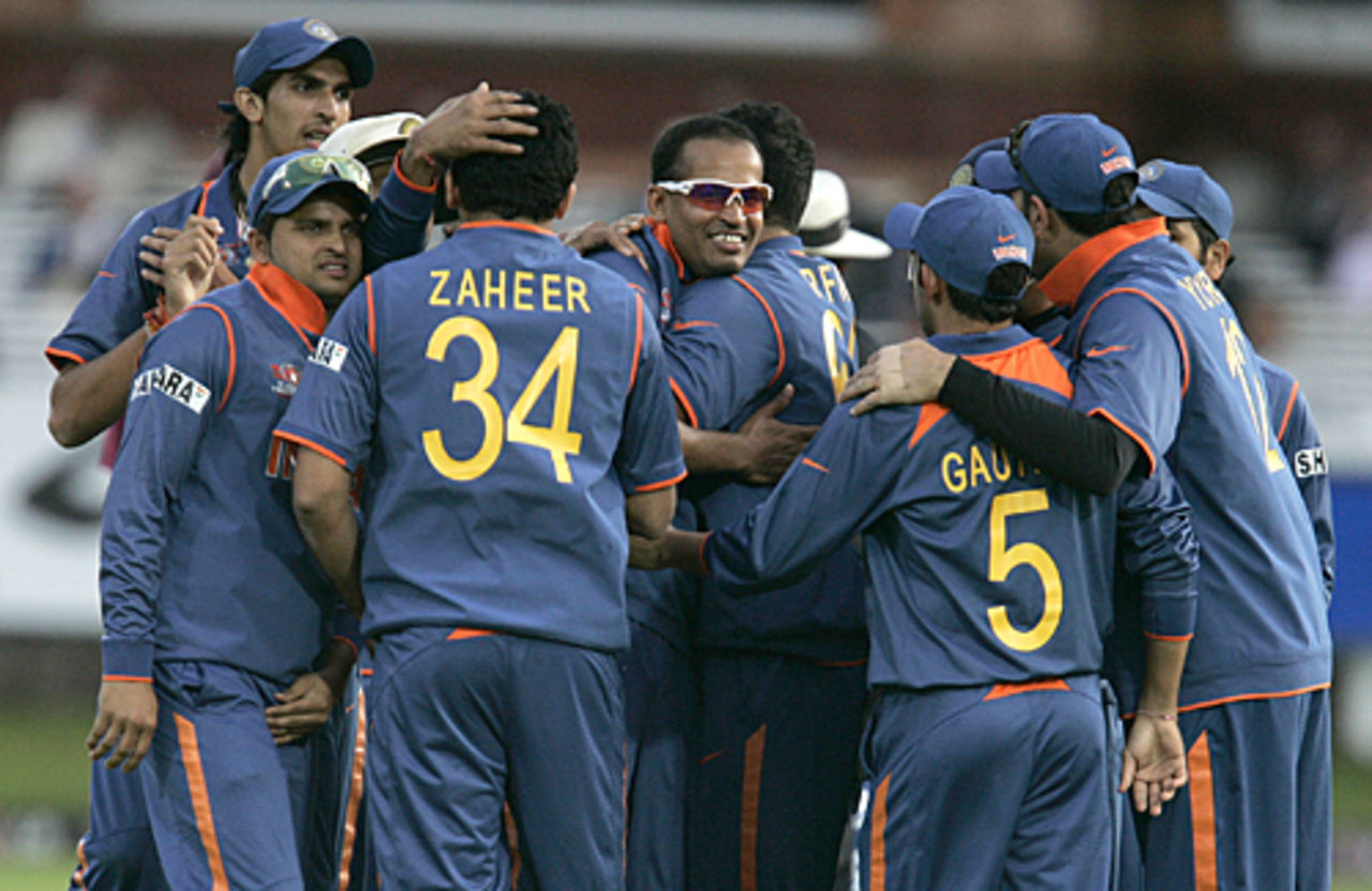 Team-mates gather around Yusuf Pathan after the fall of Chris Gayle's wicket, India v West Indies, ICC World Twenty20 Super Eights, Lord's, June 12, 2009