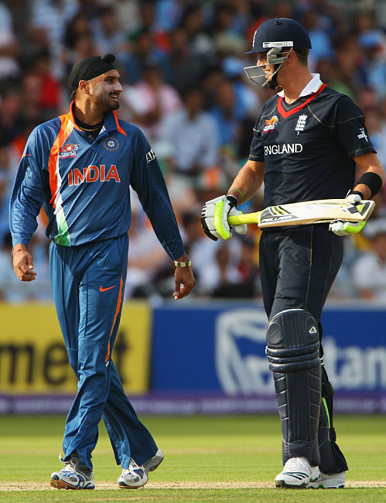 Harbhajan Singh and Kevin Pietersen share a joke after the bowler stopped short in his run-up on seeing the batsman try a switch hit, England v India, ICC World Twenty20 Super Eights, Lord's, June 14, 2009 