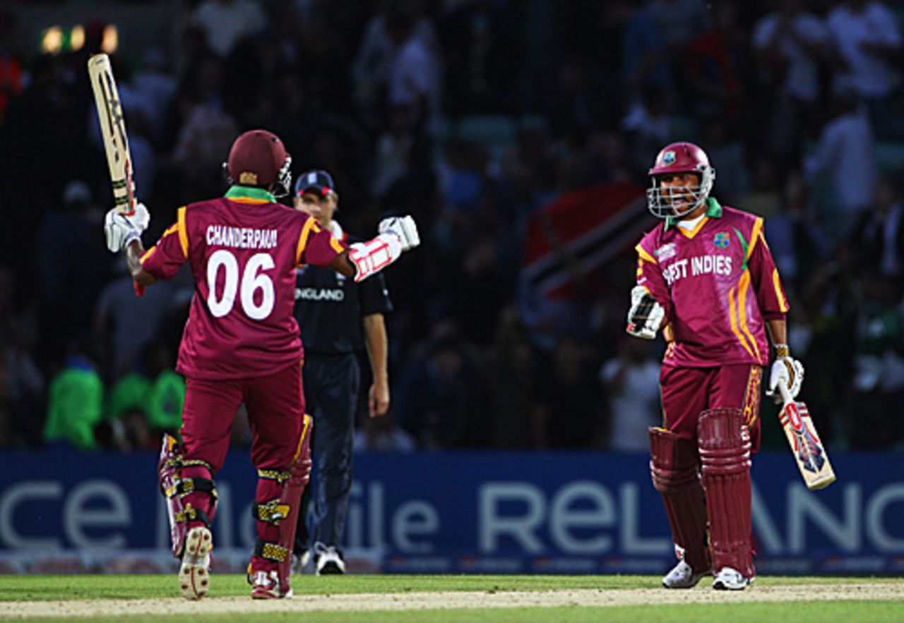 Shivnarine Chanderpaul and Ramnaresh Sarwan celebrate West Indies' win, and entry into the semi-finals, England v West Indies, ICC World Twenty20, The Oval, June 15, 2009