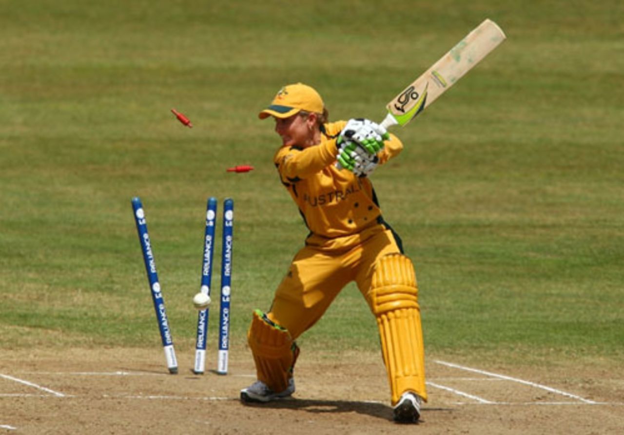 Jodie Fields is bowled by Shabnin Ismail, Australia v South Africa, ICC Women's World Twenty20, Taunton, June 16, 2009