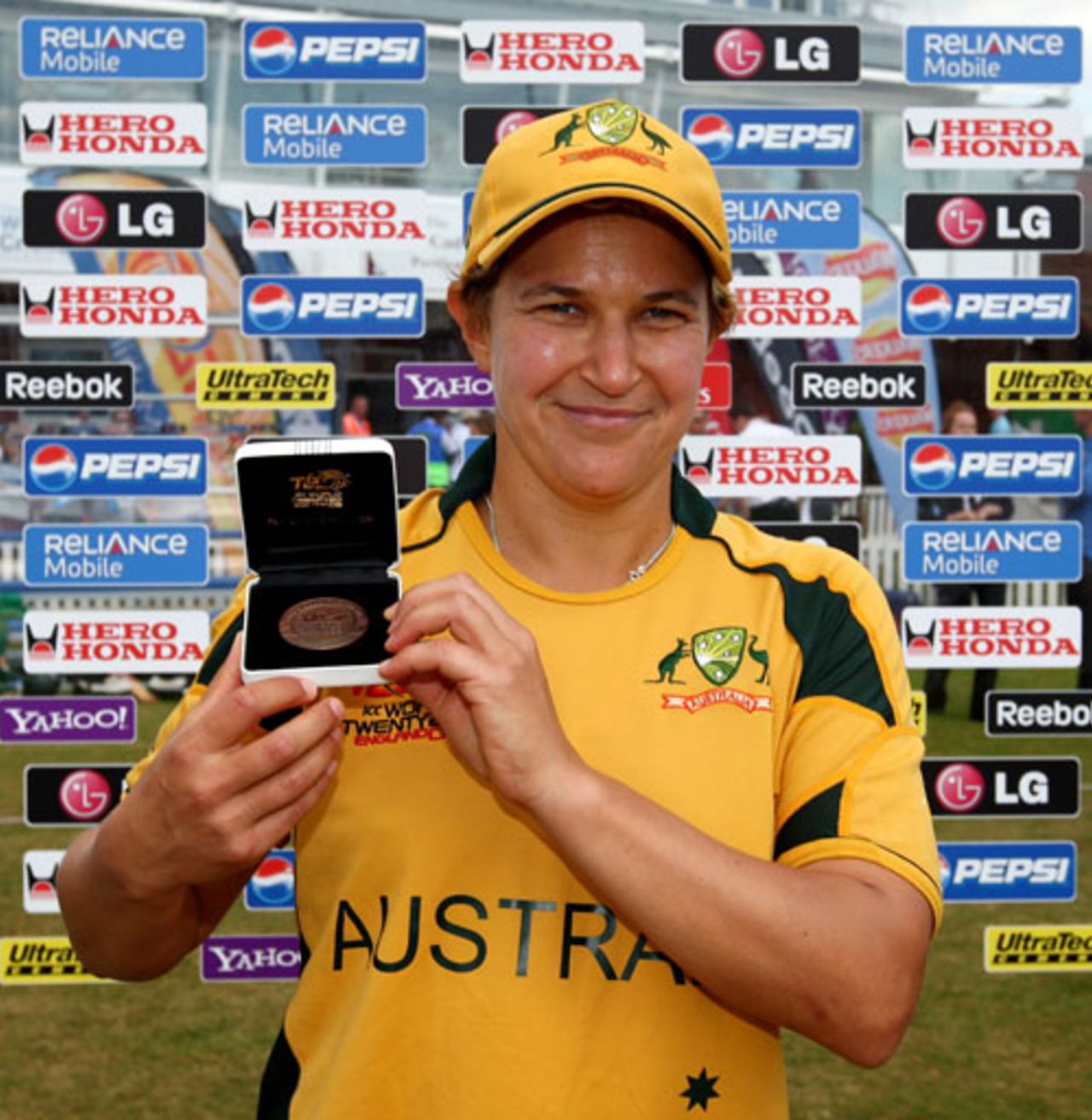 Shelley Nitschke poses with the Player-of-the-Match award, ICC Women's World Twenty20, Australia v South Africa, Taunton, June 16, 2009