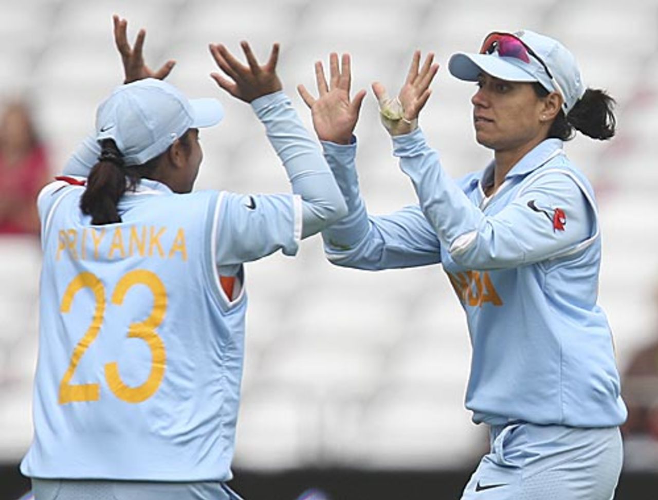 Priyanka Roy and Anjum Chopra celebrate Lucy Doolan's wicket, India v New Zealand, 1st semi-final, ICC Women's World Twenty20, Trent Bridge, June 18, 2009