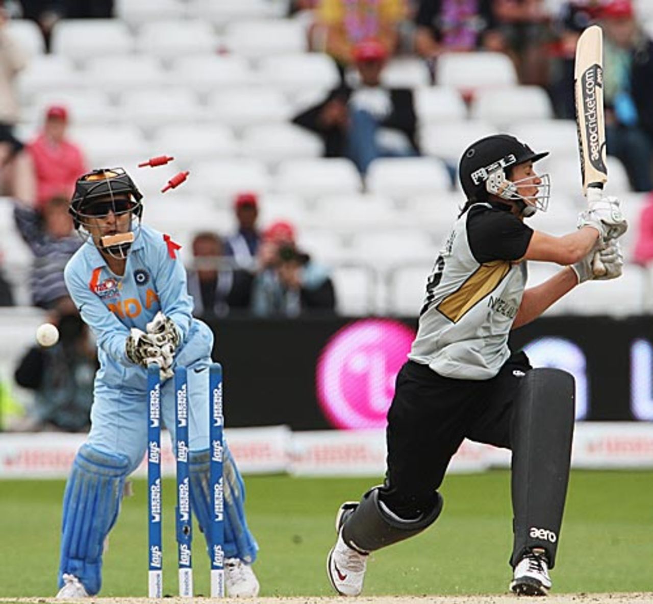 Sara McGlashan is bowled, India v New Zealand, 1st semi-final, ICC Women's World Twenty20, Trent Bridge, June 18, 2009