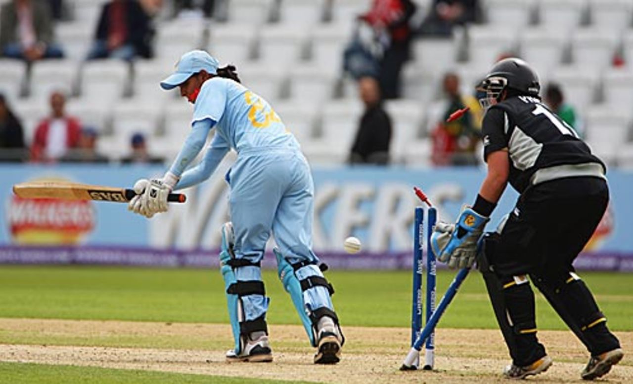 Harmanpreet Kaur was bowled round her legs, India v New Zealand, 1st semi-final, ICC Women's World Twenty20, Trent Bridge, June 18, 2009