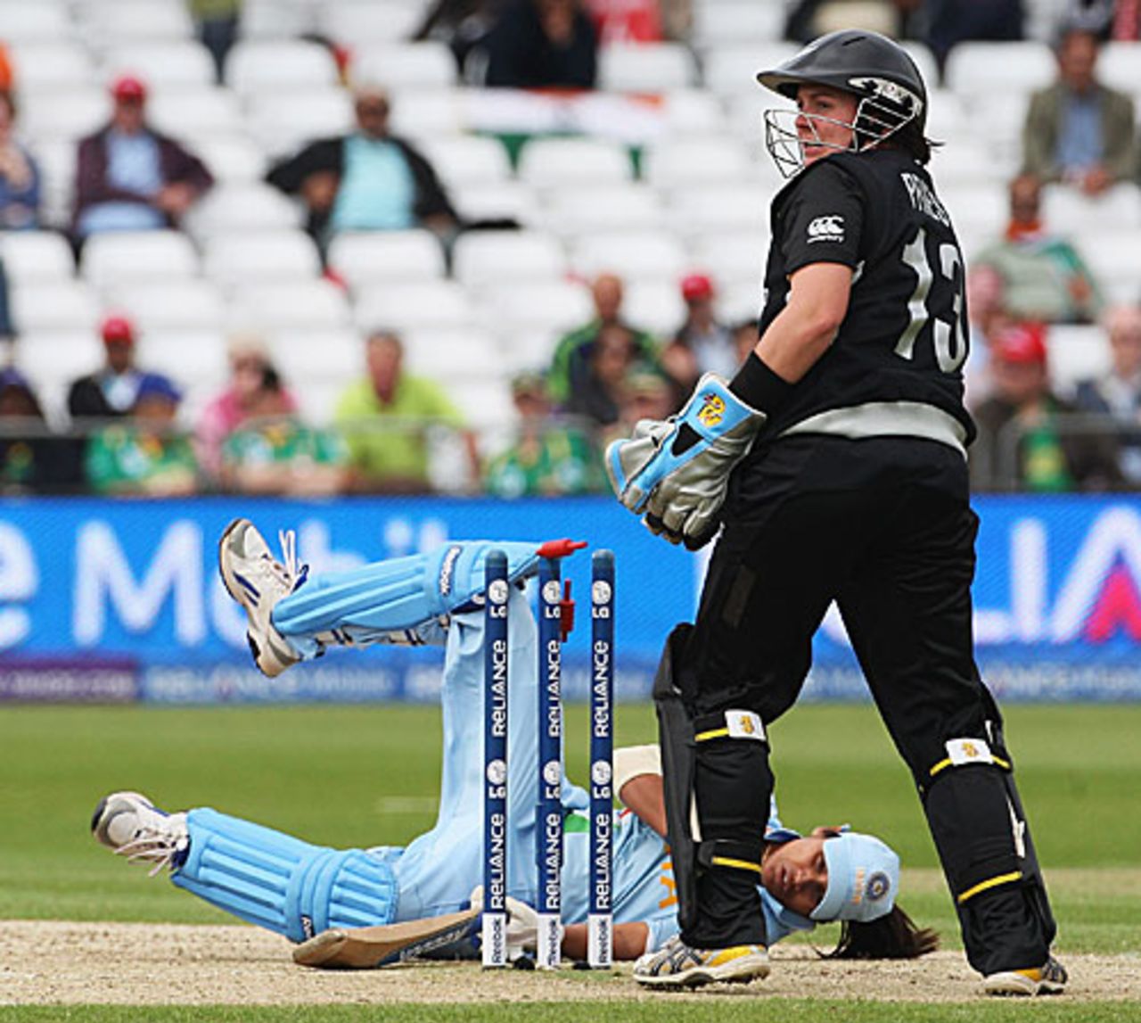 Amita Sharma knocks her stumps in trying to evade a high full toss, India v New Zealand, 1st semi-final, ICC Women's World Twenty20, Trent Bridge, June 18, 2009