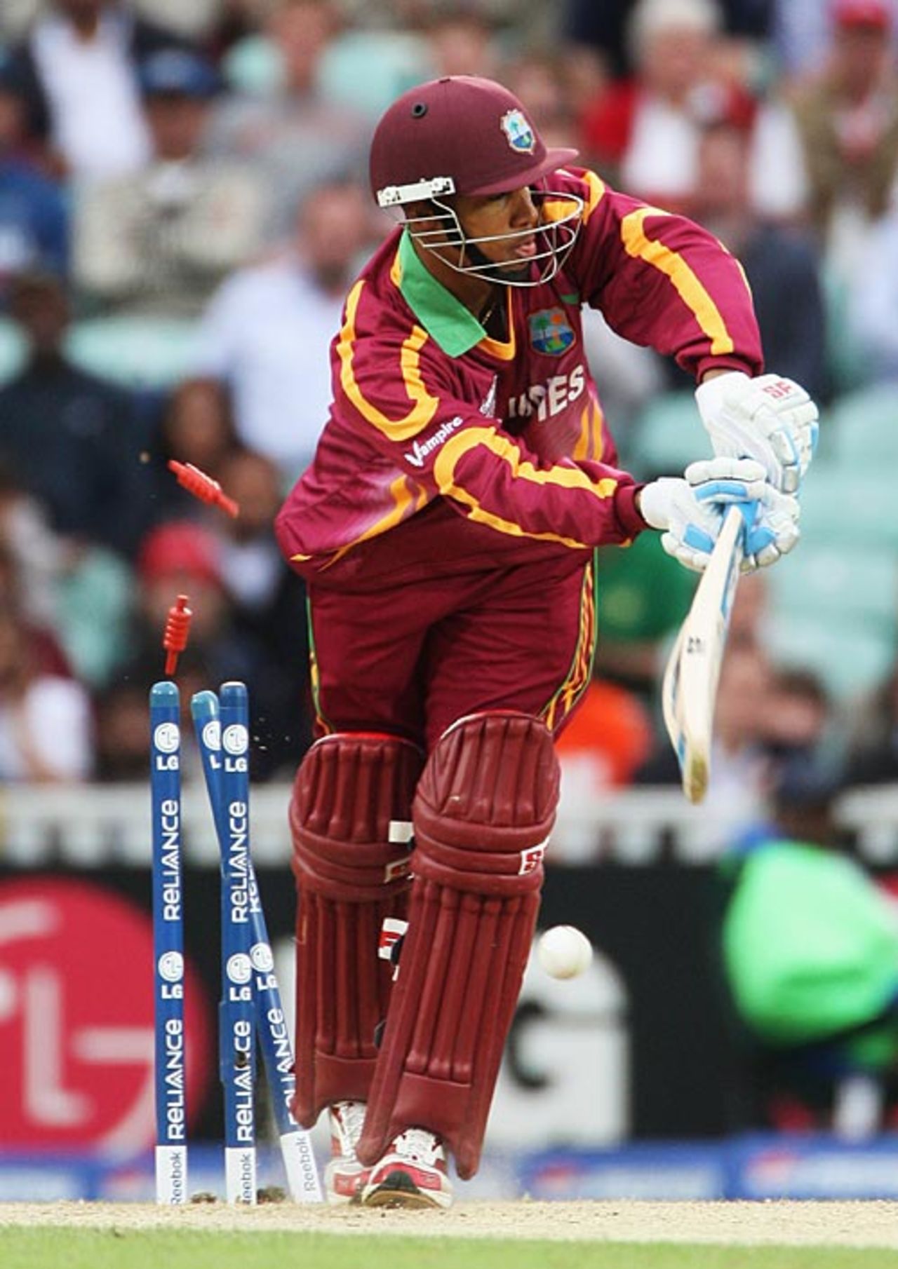 Lendl Simmons is bowled off his thigh pad, Sri Lanka v West Indies, ICC World Twenty20, 2nd semi-final, The Oval, June 19, 2009 