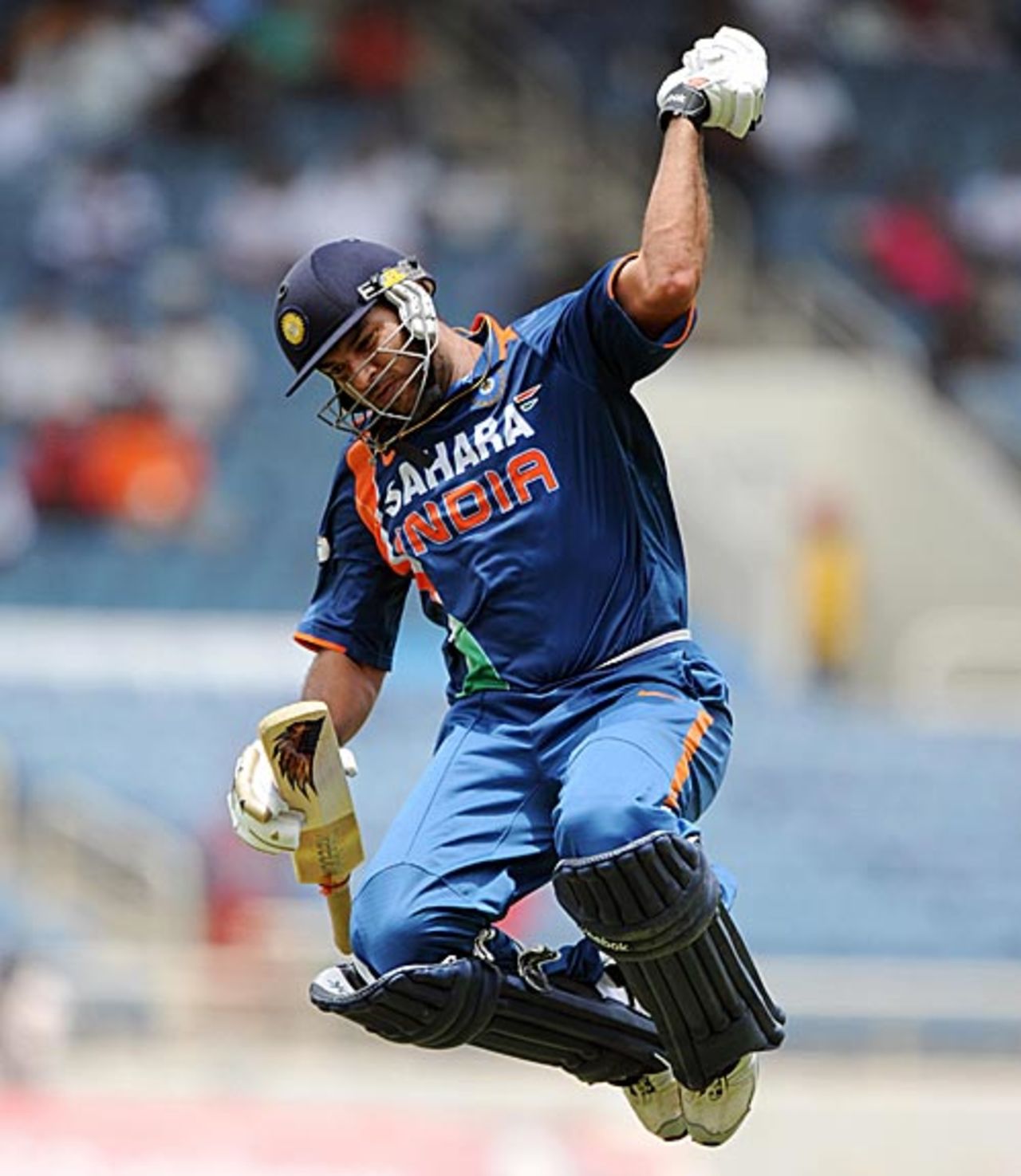 Yuvraj Singh reacts after reaching his 12th ODI century, West Indies v India, 1st ODI, Kingston, June 26, 2009