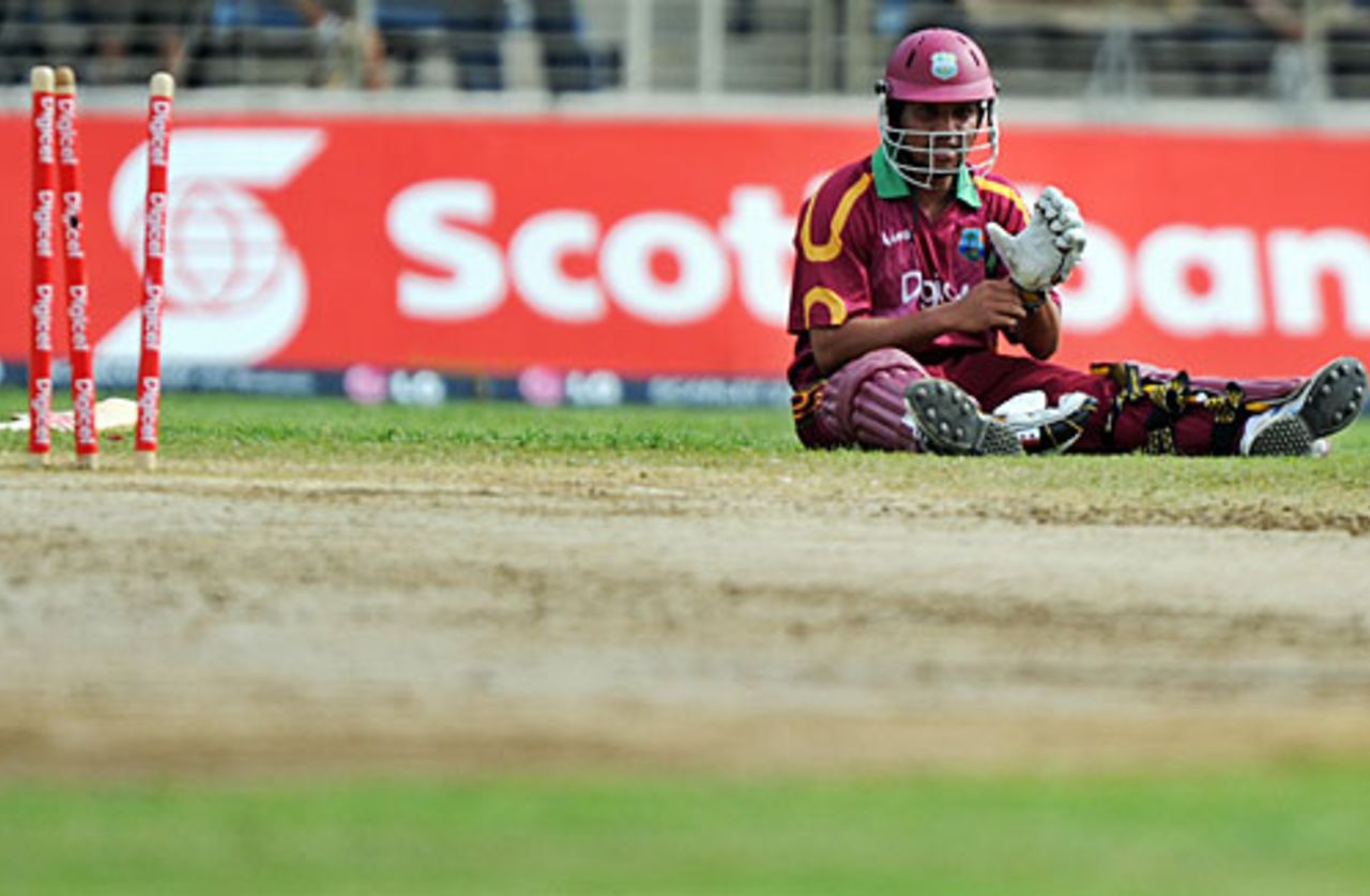 Ramnaresh Sarwan on the ground after being run out, West Indies v India, 1st ODI, Kingston, June 26, 2009 