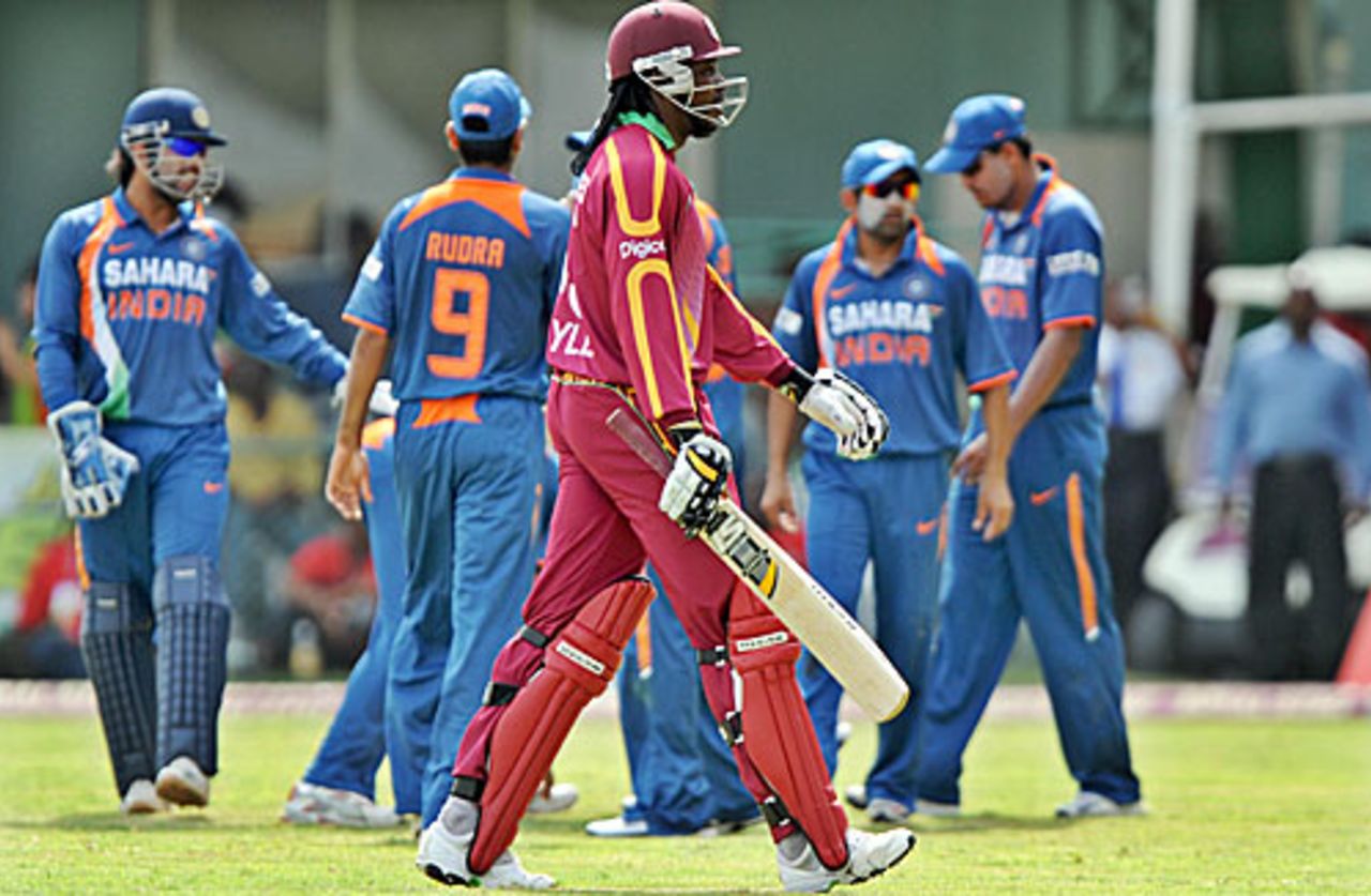 Chris Gayle walks back after a quickfire 64, West Indies v India, 2nd ODI, Kingston, June 28, 2009 