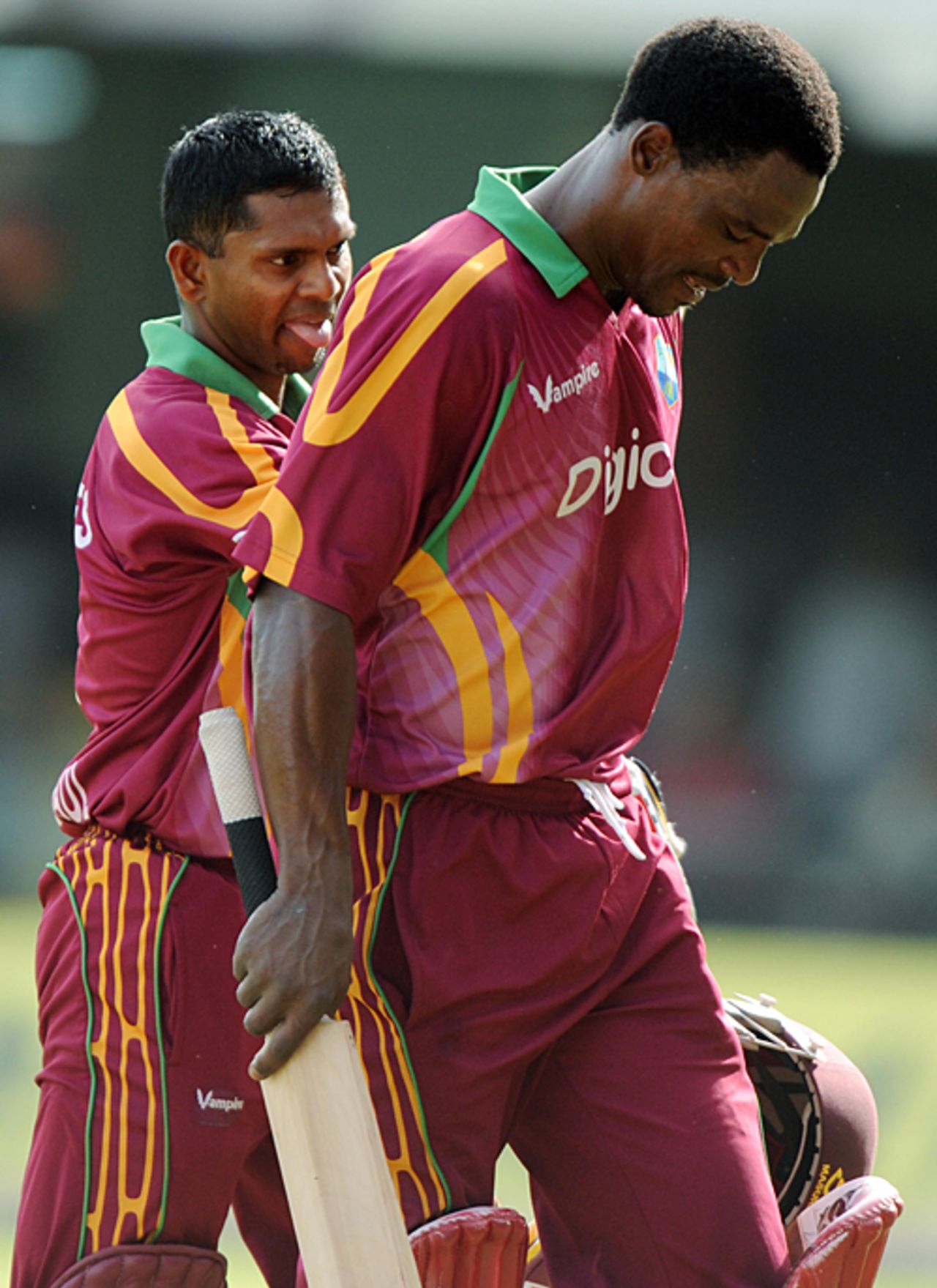 Runako Morton and Shivnarine Chanderpaul head back to the pavilion after taking West Indies through, West Indies v India, 2nd ODI, Kingston, June 28, 2009 