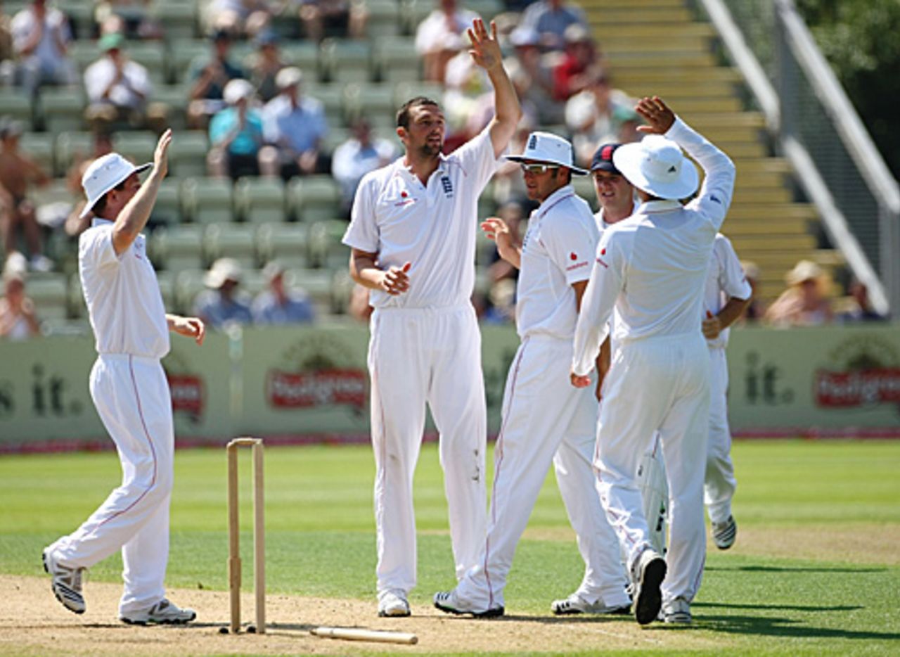 Steve Harmison is congratulated on bowling Mike Hussey for 150, England Lions v Australians, New Road, 2nd day, July 2, 2009