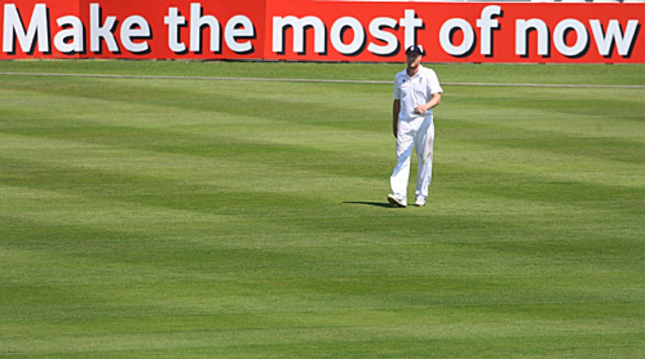 Andrew Flintoff fields in front of a sponsor's sign that reads "Make the most of now", England XI v Warwickshire, Edgbaston, July 2, 2009
