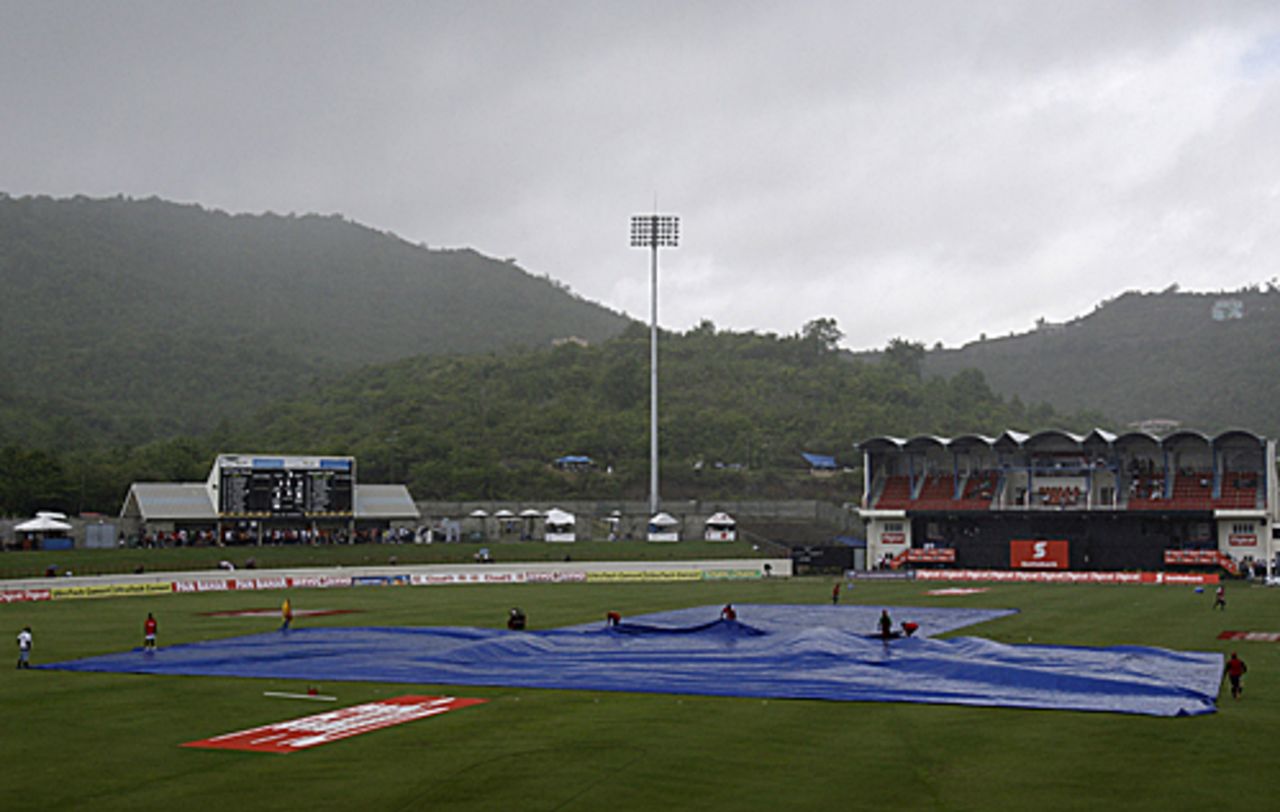 The pitch at the Beausejour Stadium under covers, West Indies v India, 4th ODI, St Lucia, July 5, 2009 
