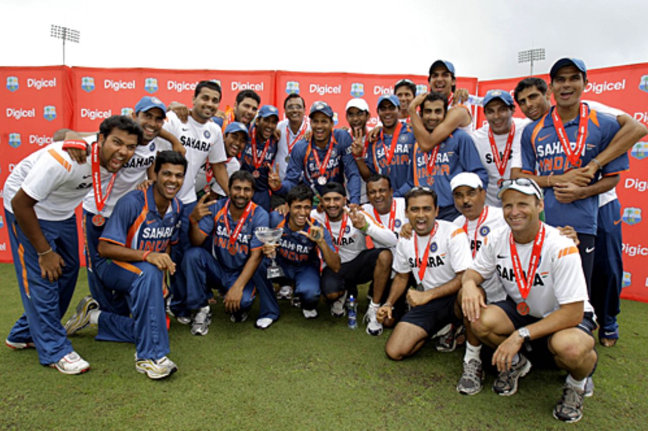 The victorious Indian team celebrate the series win, West Indies v India, 4th ODI, St Lucia, July 5, 2009 