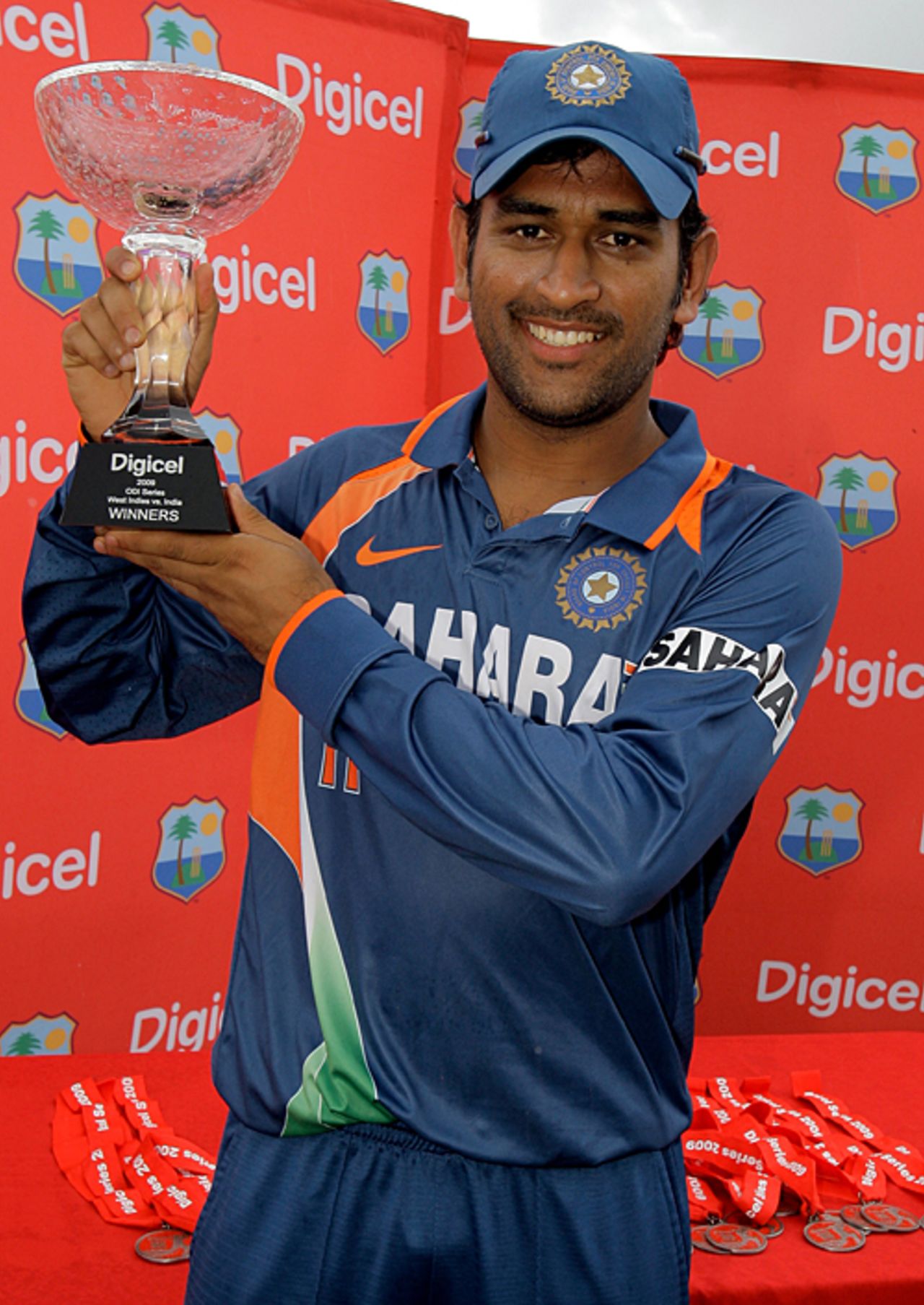 MS Dhoni with the series trophy, West Indies v India, 4th ODI, St Lucia, July 5, 2009 