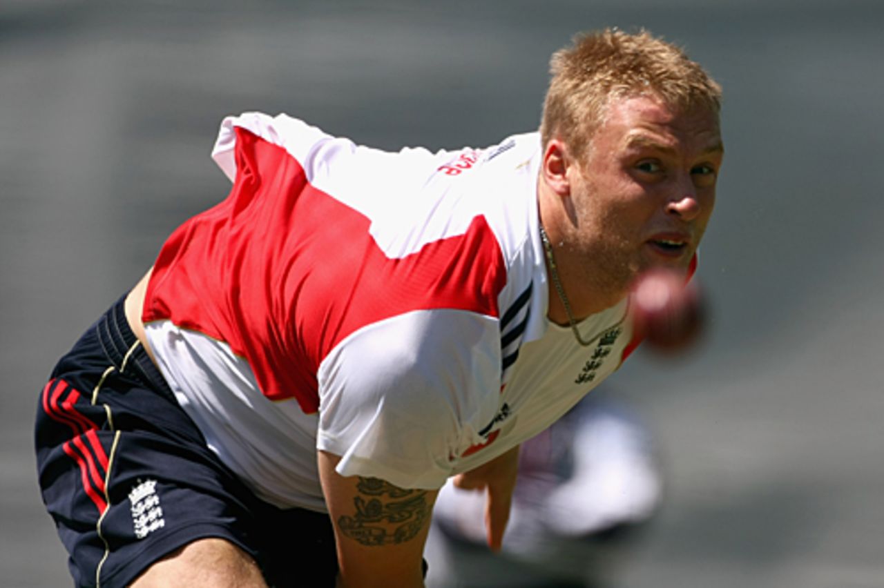 Andrew Flintoff bends his back during practice, Cardiff, July 6, 2006
