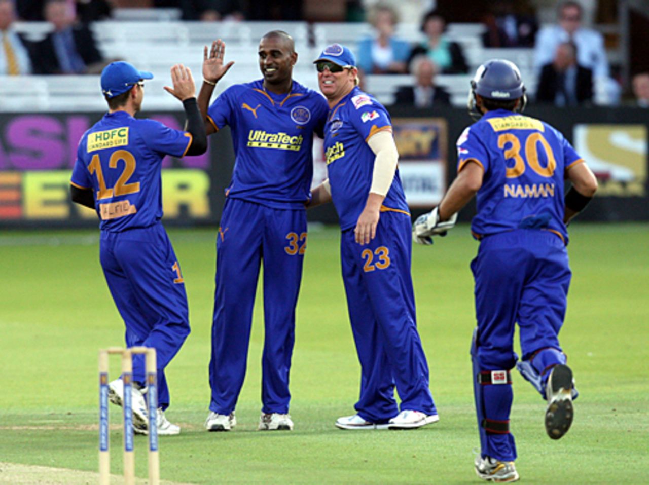 Team-mates congratulate Dimitri Mascarenhas after Neil Dexter's dismissal, Middlesex v Rajasthan Royals, British Asian Cup, Lord's, July 6, 2009