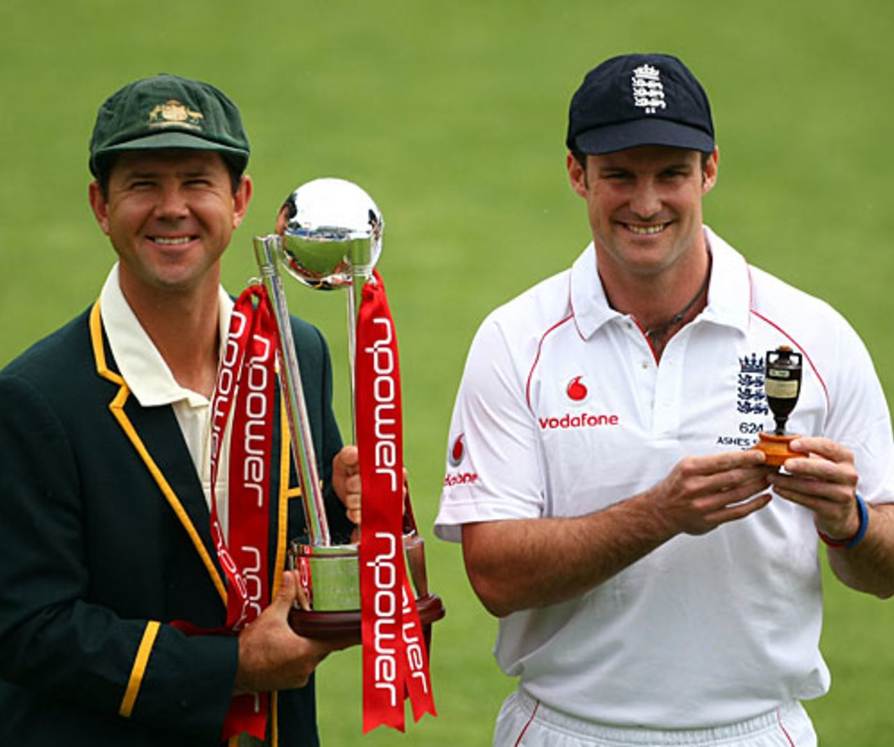 Ricky Ponting and Andrew Strauss with the trophy and Ashes urn, England v Australia, 1st Test, Cardiff, July 7, 2009