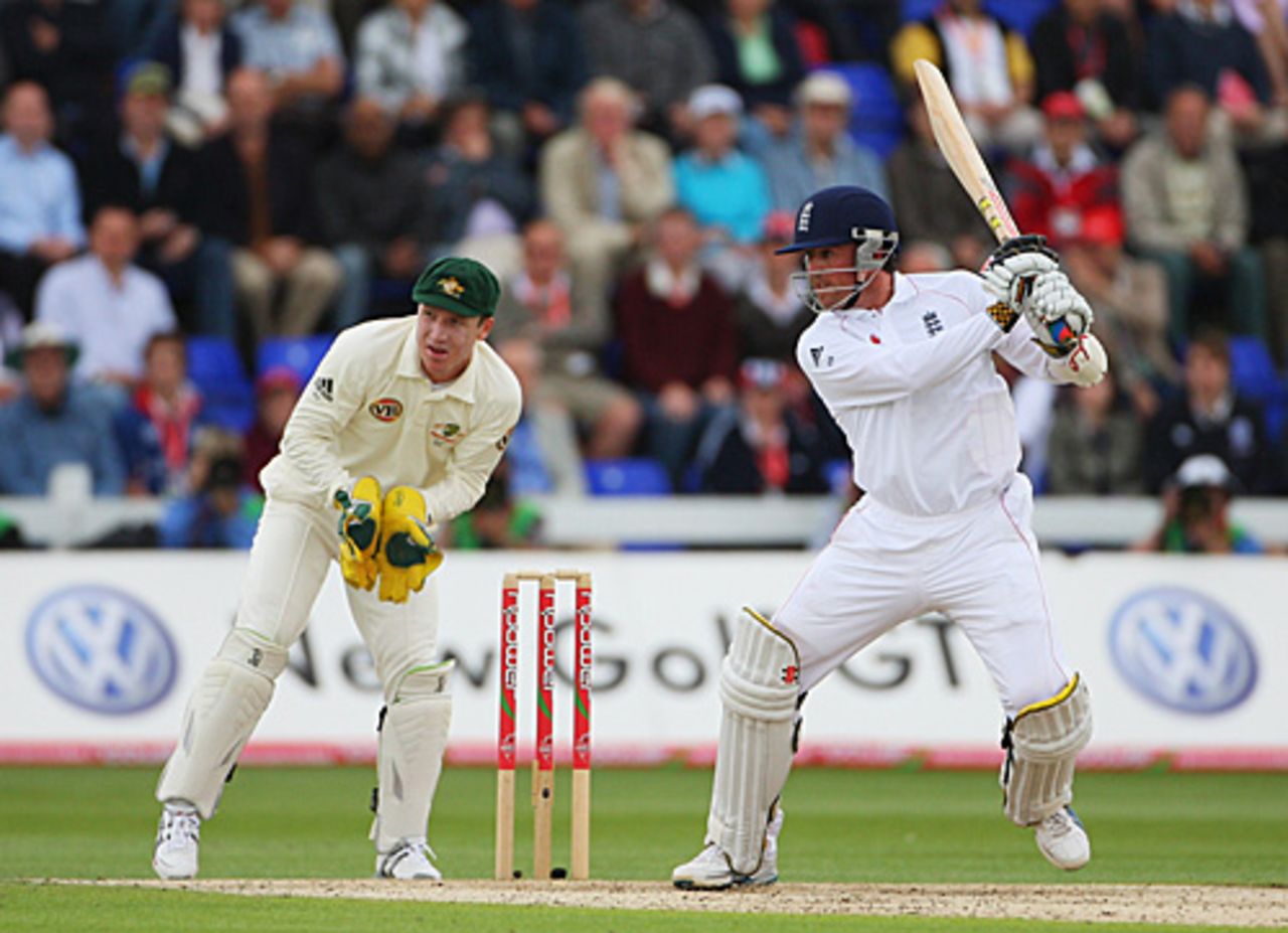 Graeme Swann cracks one square of the wicket, England v Australia, 1st Test, Cardiff, 2nd day, July 9, 2009