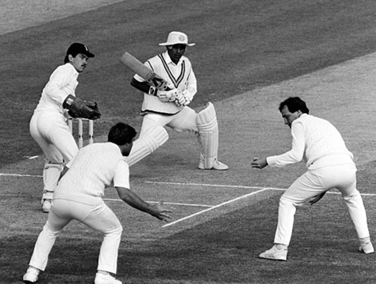 Sunil Gavaskar watches as a shot goes by slip fielders, England v India, 3rd Test, Edgbaston, 5th day, July 8, 1986
