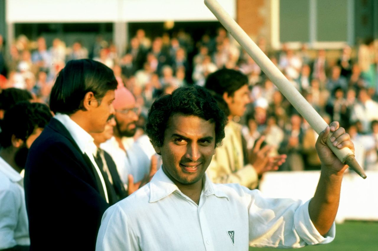 Sunil Gavaskar raises a stump after India's unsuccessful run chase, England v India, The Oval, 5th day, September 4, 1979