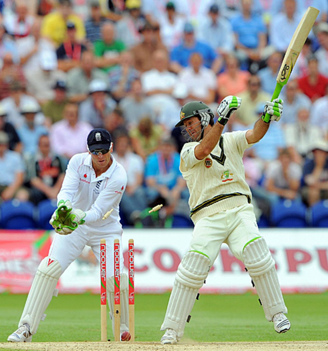 Ricky Ponting drags Monty Panesar onto his stumps, England v Australia, 1st Test, Cardiff, 3rd day, July 10, 2009