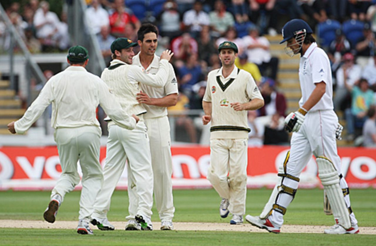 Mitchell Johnson traps Alastair Cook leg-before, England v Australia, 1st Test, Cardiff, 4th day, July 11, 2009